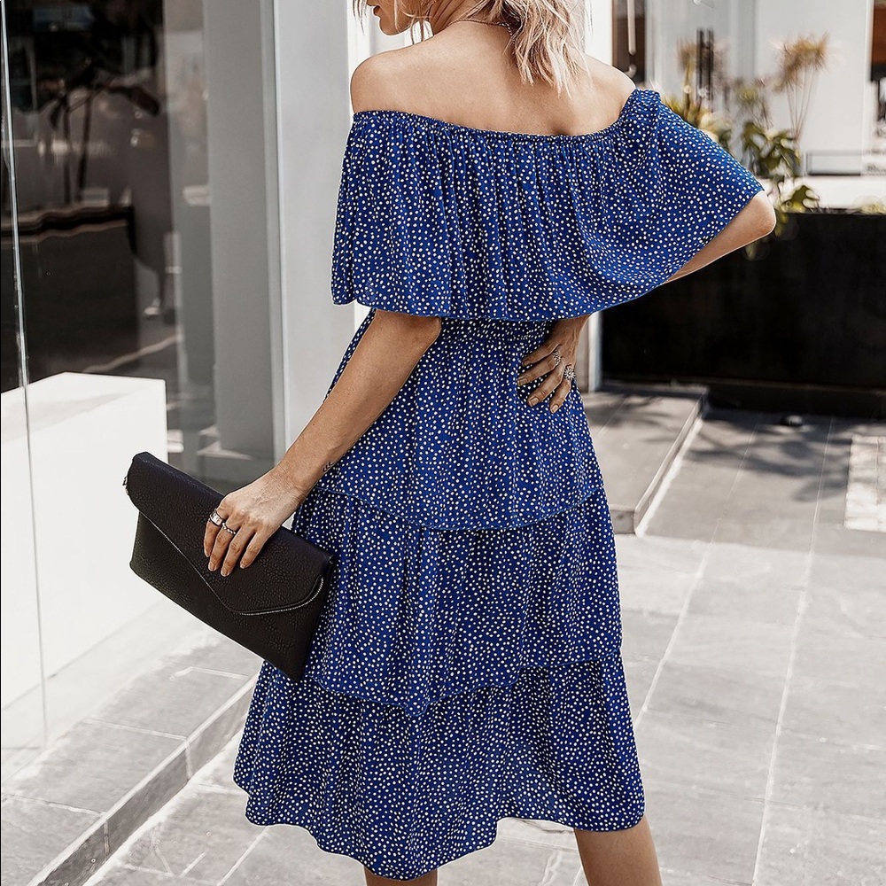 🔥Navy Blue Off The Shoulder Tiered Dress - Picture 5 of 6
